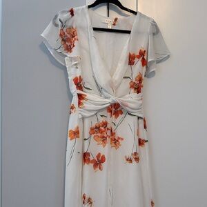 White and Orange Floral Midi Dress